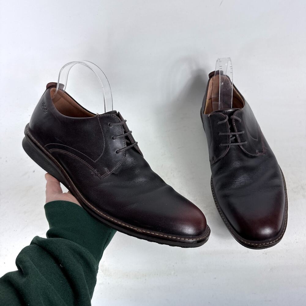 ECCO Oxford Dress Shoe Men's 10 Brown Leather Plain Toe Lace-Up Low Top Casual